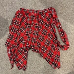 Red Plaid Skirt with Asymmetrical Hem
